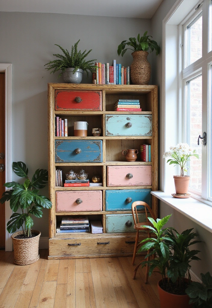 15 Stunning Upcycled Home Decor Ideas That Will Transform Your Space (You Won't Believe #7!) - 14. Upcycled Bookshelf from Old Drawers